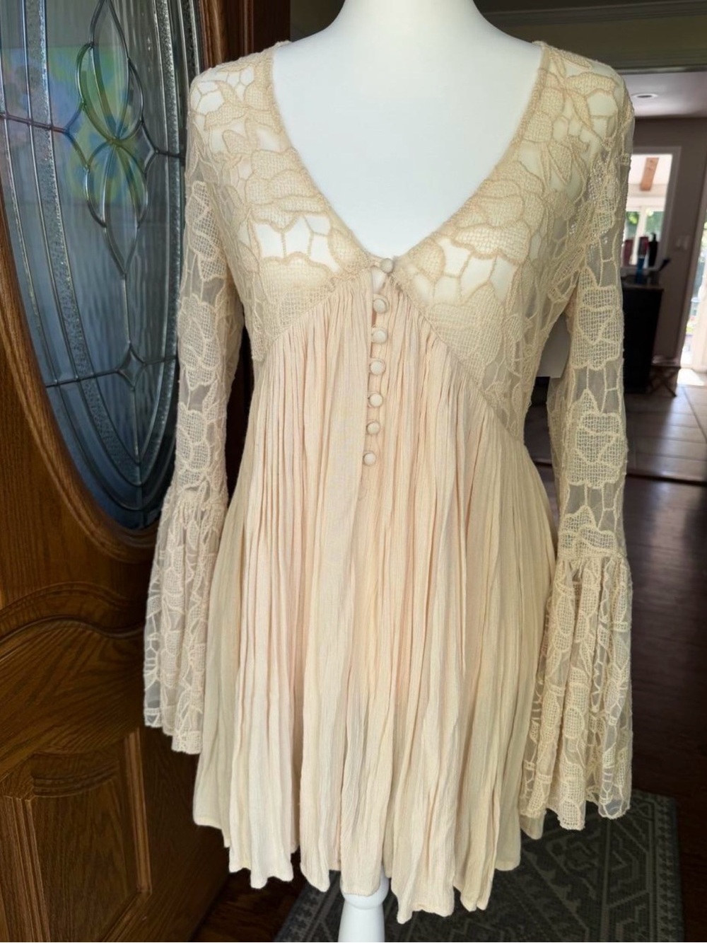 Free People Boho Lace Sleeve Cream Mini Dress